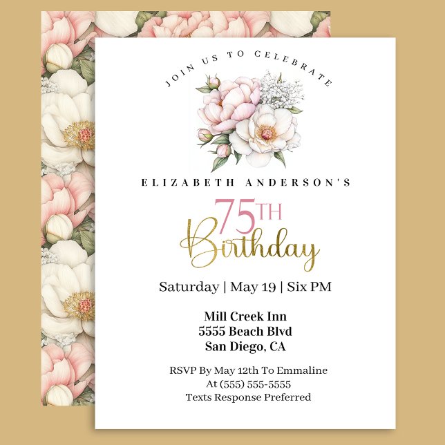 Pretty Blush Pink Peony Floral 75th Birthday Invitation (Creator Uploaded)