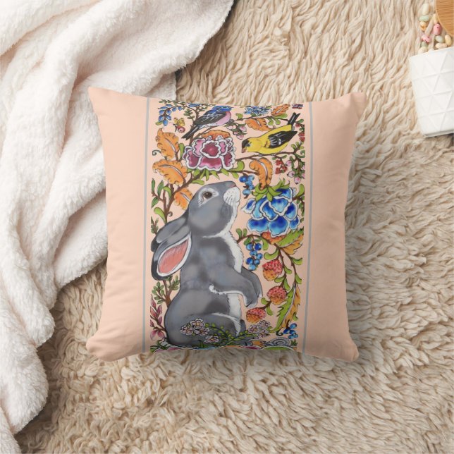 Pretty Blush Pink Rabbit Bird Floral Cute Decor Cushion (Blanket)
