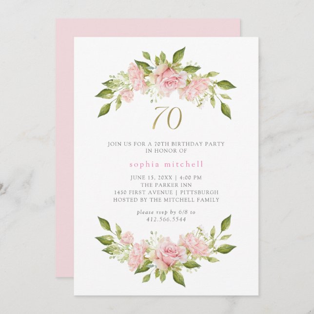 Pretty Blush Pink Roses and Gold | 70th Birthday Invitation (Front/Back)