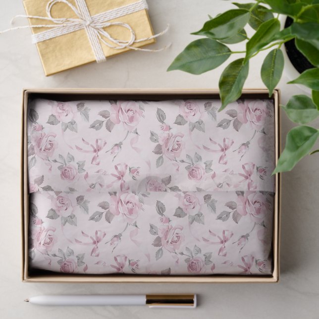 Pretty Blush Pink Roses & Bows Floral Wedding Tissue Paper (Gift)