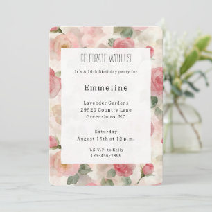 Pretty Blush Pink Roses Floral Birthday Invitation