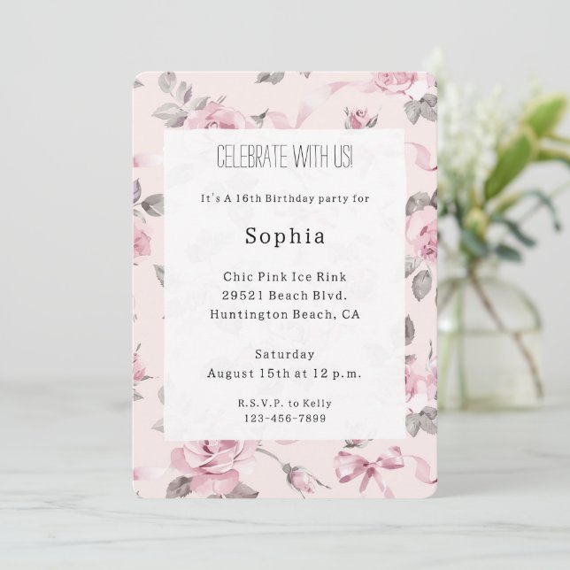 Pretty Blush Pink Roses Floral & Bows Birthday Invitation (Standing Front)