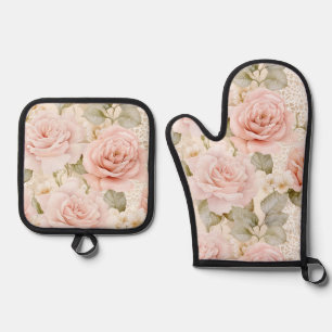 Pretty Blush Pink Roses Floral Bridal Shower Oven Mitt & Pot Holder Set