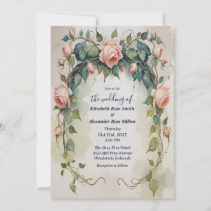 Pretty blush pink roses floral frame wedding invitation