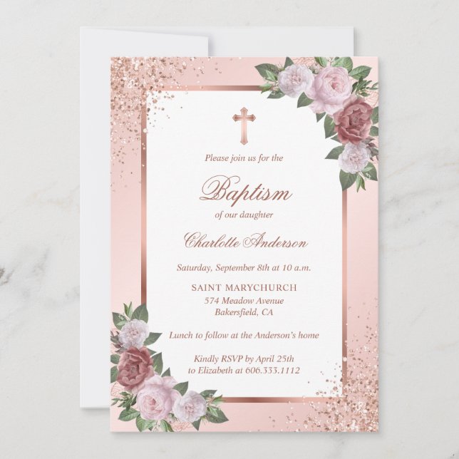 Pretty Blush Pink Roses Rose Gold Cross Baptism Invitation (Front)