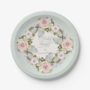 Pretty Blush Pink Roses w Succulent Leaves Bridal Paper Plate