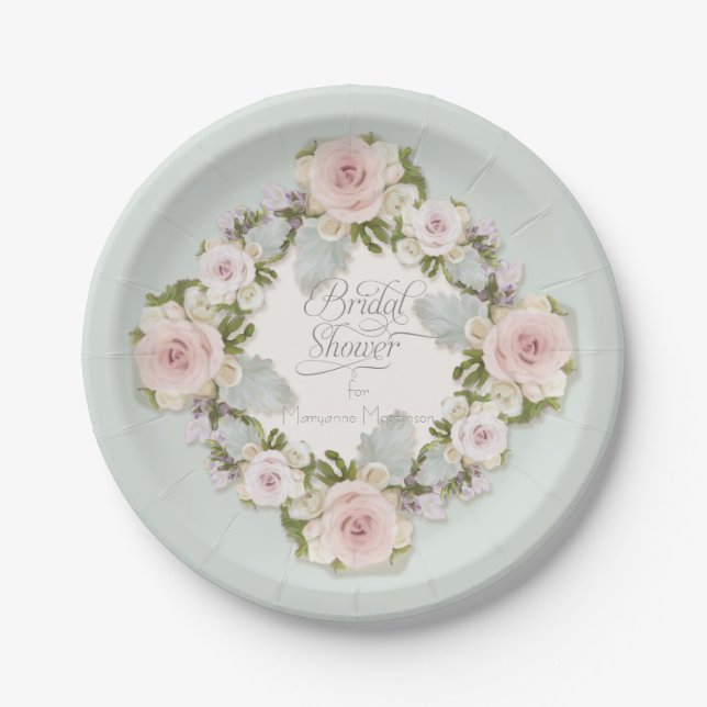 Pretty Blush Pink Roses w Succulent Leaves Bridal Paper Plate (Front)