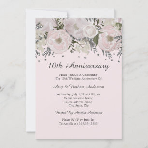 Pretty Blush Pink Silver Floral 10th Anniversary Invitation