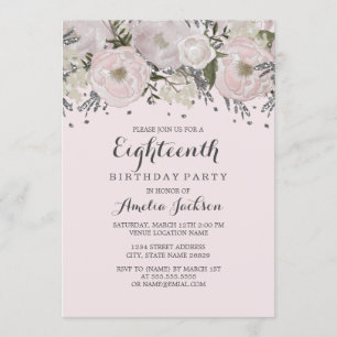 Pretty Blush Pink Silver Floral 18th Birthday Invitation