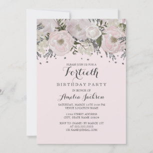 Pretty Blush Pink Silver Floral 40th Birthday Invitation
