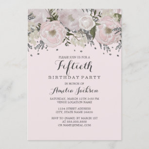 Pretty Blush Pink Silver Floral 50th Birthday Invitation