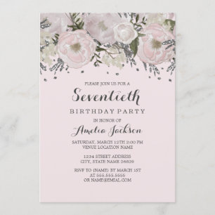 Pretty Blush Pink Silver Floral 70th Birthday Invitation