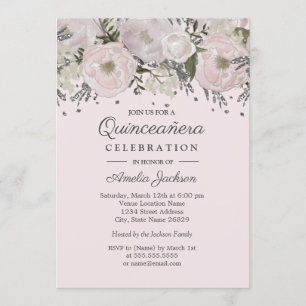 Pretty Blush Pink Silver Floral Quinceanera Invitation