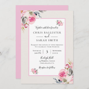Pretty Blush Pink Watercolor Flowers Wedding Invitation