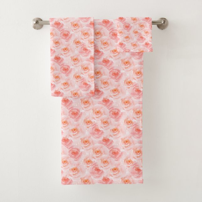 Pretty Blush Pink Watercolor Roses Bath Towel Set (Insitu)