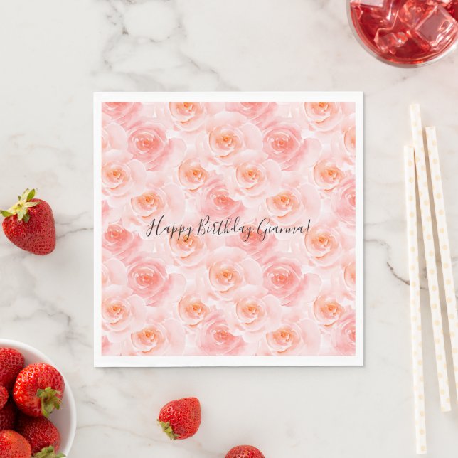 Pretty Blush Pink Watercolor Roses Birthday Napkin (Insitu)