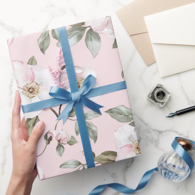 Pretty Blush Pink White Flowers Bridal Shower Wrapping Paper (Gifting)