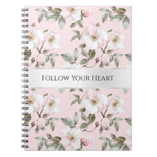 Pretty Blush Pink White Flowers White Silver  Notebook
