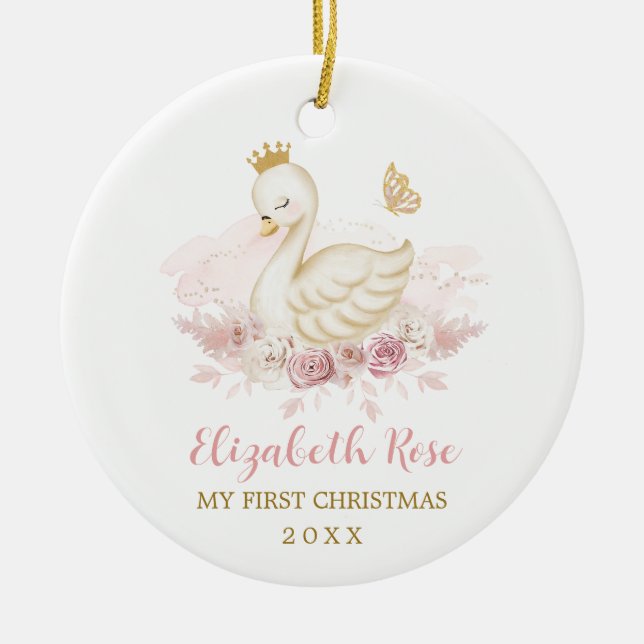 Pretty Blush Swan Princess Baby 1st Christmas Ceramic Ornament (Front)