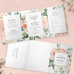 Pretty Blush Watercolor Floral All-In-One Wedding Tri-Fold Invitation