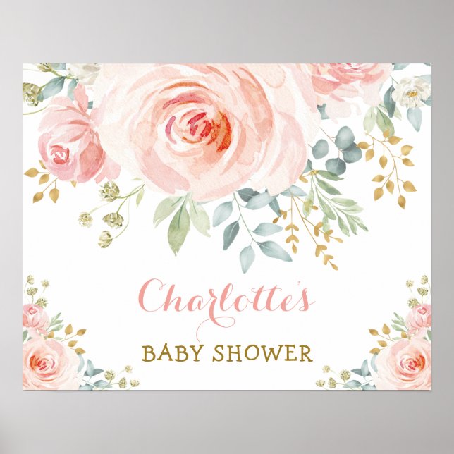 Pretty Blush Watercolor Roses Baby Shower Party Poster (Front)