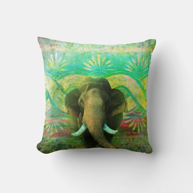 Pretty Bohemian Elephant Turquoise Tribal Pattern Cushion (Front)
