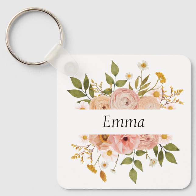 Pretty bohemian floral monogram or name key ring (Front)