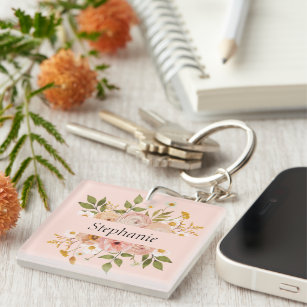 Pretty bohemian floral name mothers day keychain