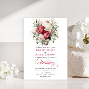Pretty Bohemian Red White Gold Roses Wedding Invit Invitation
