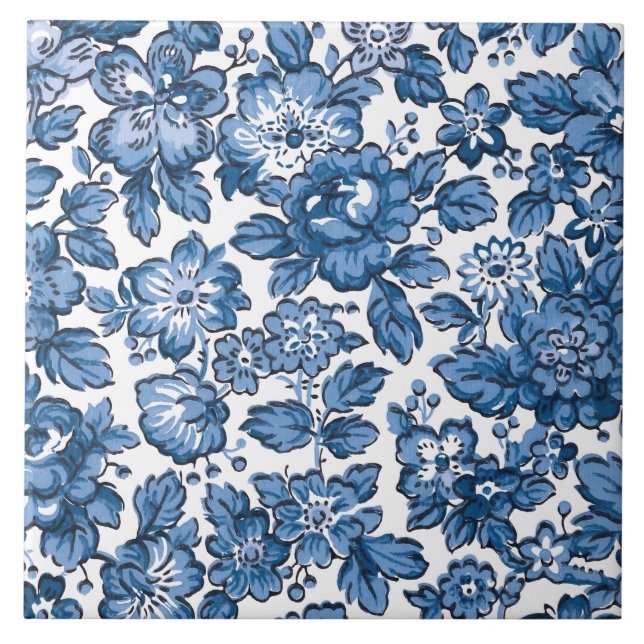 Pretty Boho Blue and White Floral Ceramic Tile (Front)