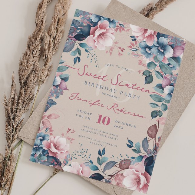 Pretty Boho Blue Garden Floral Sweet 16 Champagne Invitation (Pretty Boho Blue Garden Floral Sweet 16 Champagne Invitation)