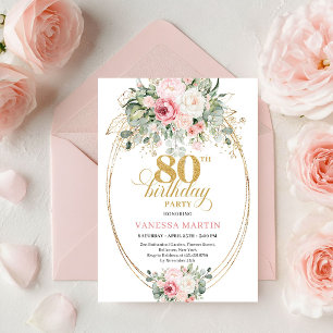 Pretty Boho Blush Roses 80th Birthday Invitation