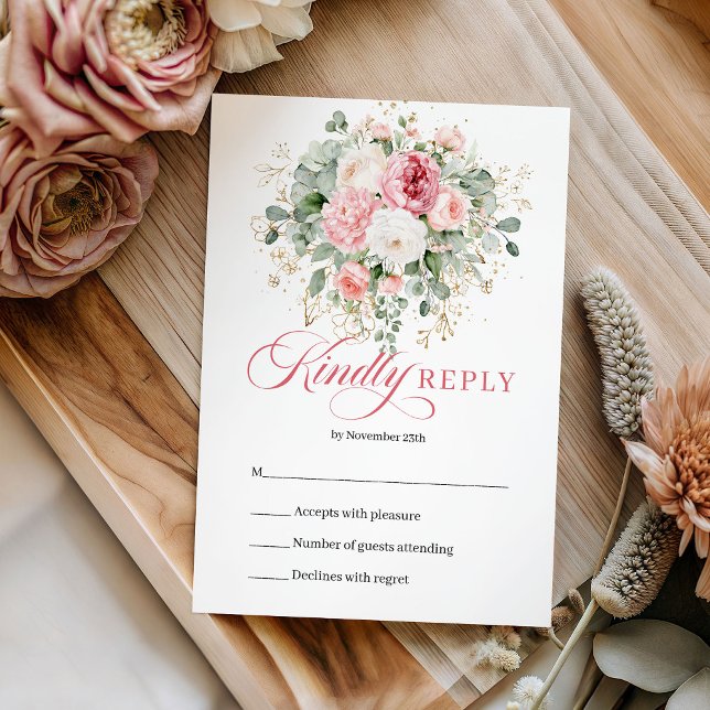 Pretty Boho Blush Roses Gold Wedding RSVP Cards (Pretty Boho Blush Roses Gold Wedding RSVP Invitation

)