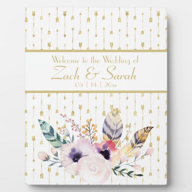 Pretty Boho Bouquet Wedding Welcome Tabletop Plaque (Front)
