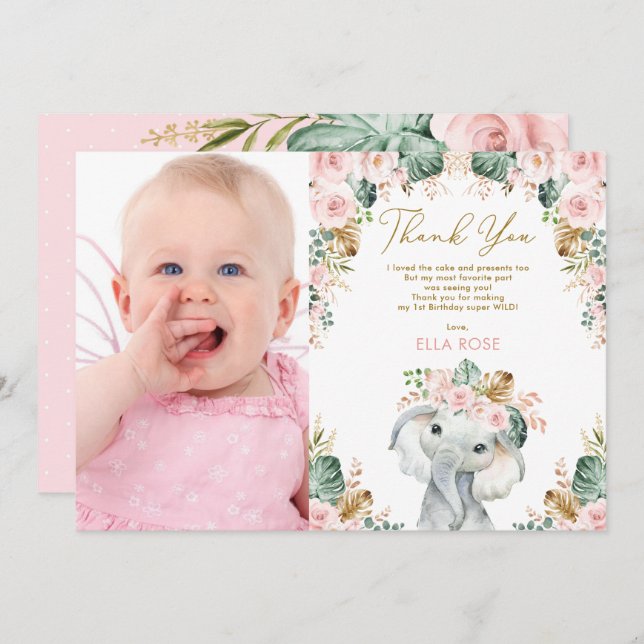 Pretty Boho Elephant Girl Pink Floral Birthday Thank You Card (Front/Back)