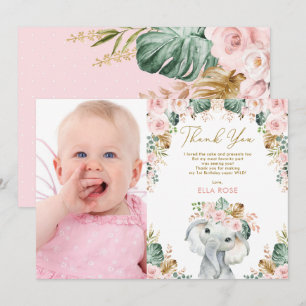 Pretty Boho Elephant Girl Pink Floral Birthday Thank You Card