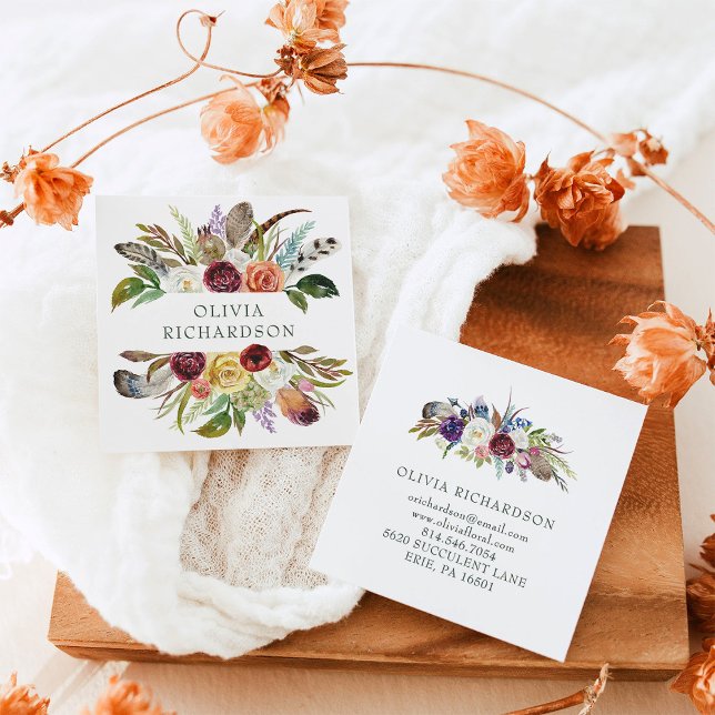 Pretty Boho Flowers | Watercolor Square Business Card (Creator Uploaded)