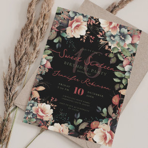 Pretty Boho Garden Floral Sweet 16 Black  Invitation