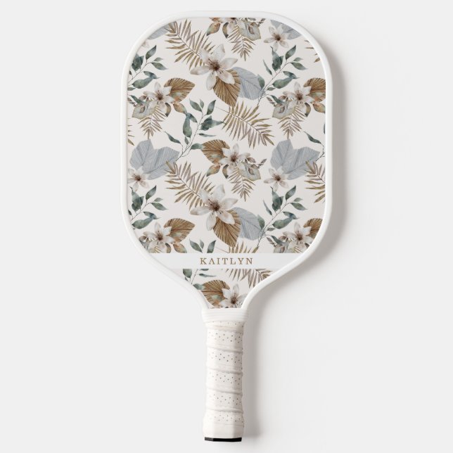 Pretty Boho Gold Tropical Floral and Name Pickleball Paddle (Back)