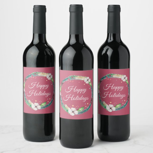 Pretty Boho Holiday Wreath  Wine Label (Bottles)