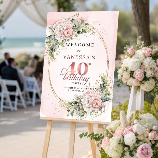 Pretty Boho Light Pink Eucalyptus 40th Birthday  Poster (Pretty Boho Light Pink Eucalyptus 40th Birthday Welcome)