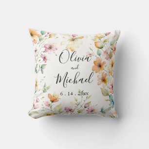 Pretty Boho Orange Pink Watercolor Wildflowers Cushion