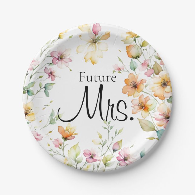 Pretty Boho Orange Pink Watercolor Wildflowers Paper Plate (Front)