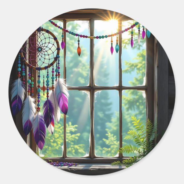 Pretty Boho Purple Dreamcatcher in Window   Classic Round Sticker (Front)