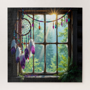 Pretty Boho Purple Dreamcatcher in Window Jigsaw Puzzle