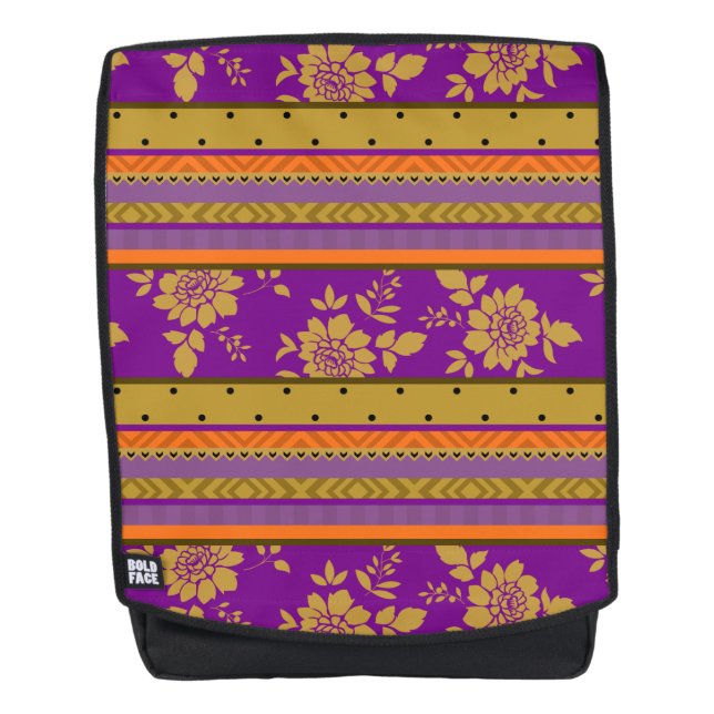 Pretty Boho Purple Mustard Yellow Floral Pattern Backpack (Front)