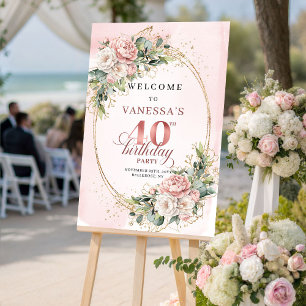 Pretty Boho Rose Gold Floral 40th Birthday Welcome Poster