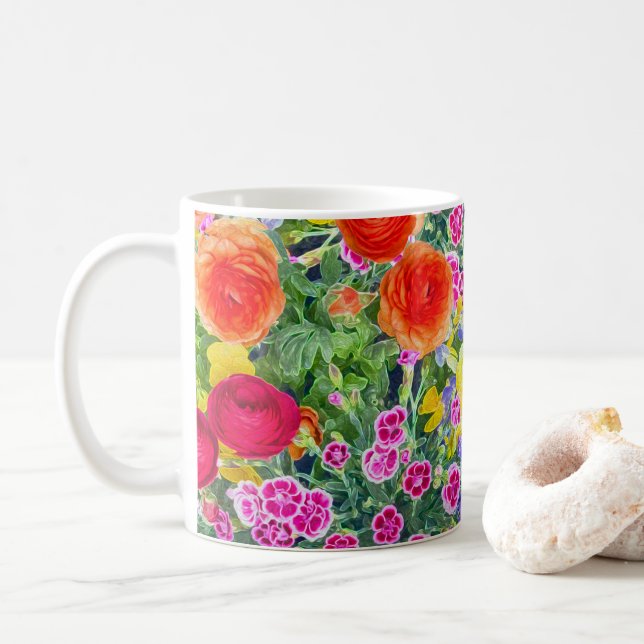Pretty boho spring floral colourful coffee mug (With Donut)