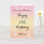 Pretty Bokeh 15th Birthday Granddaughter Card<br><div class="desc">A bokeh 15th birthday granddaughter card,  which you can easily personalise with her name. This granddaughter birthday card has a bokeh design with the background in a light pink,  light yellow and light orange. The inside reads a sweet birthday message,  which can also be personalised if wanted.</div>