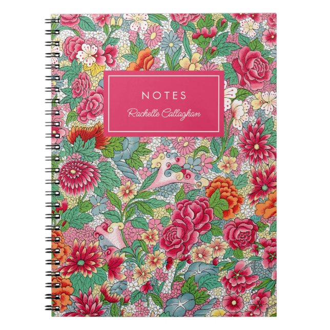 Pretty Bold Floral Pattern Magenta Name Notebook (Front)